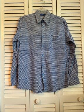 Three Islands Men’s Blue White Striped Woven Button-Up Shirt Long Sleeve Pocket